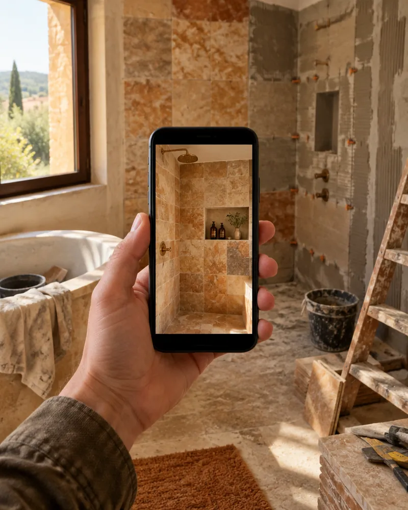 A phone showing the day’s site photo from a bathroom renovation.
