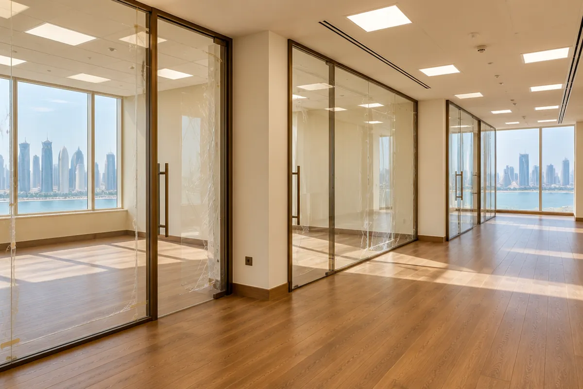 An office fit-out with new flooring and glass partitions.