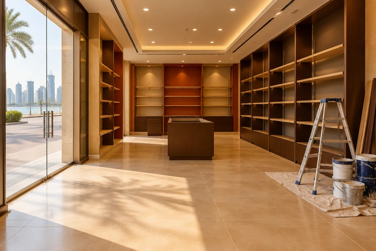 A small retail shop mid-refurbishment with a new tiled floor and ceiling lighting.