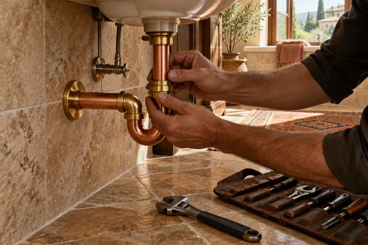 A plumber fitting a pipe connection under a basin.